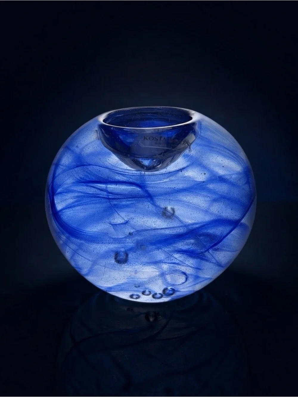 Rare Vintage Kosta Sweden Blue Swirl Art Glass Votive Candle Holder